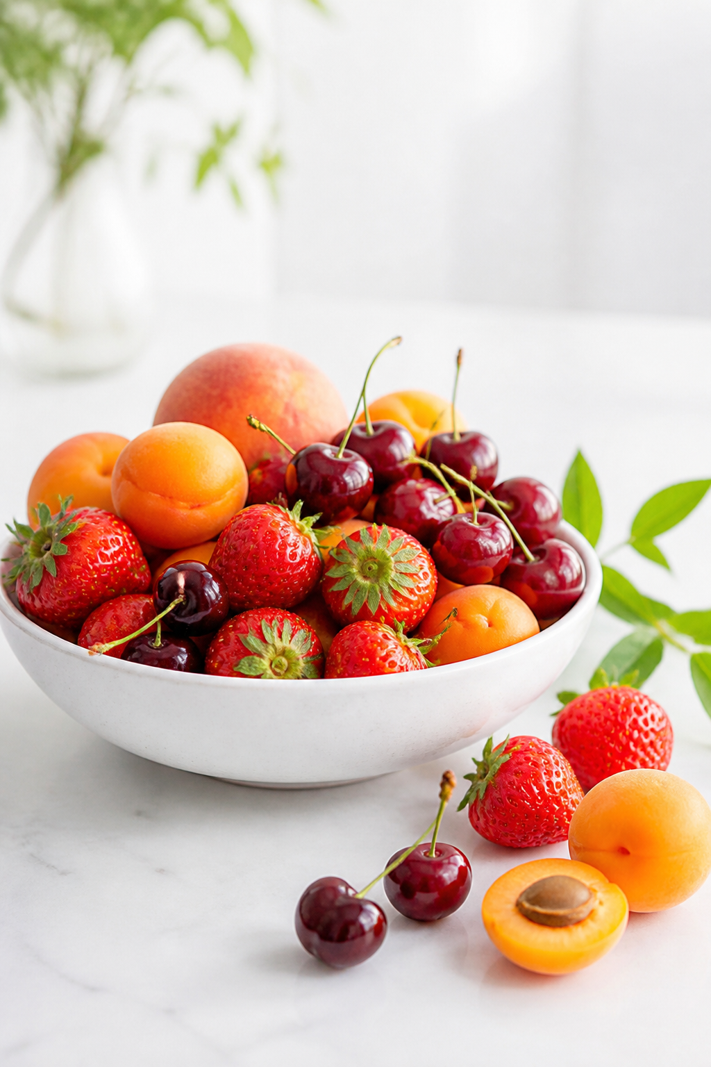 A bowl of fresh strawberries, cherries, peaches and apricots